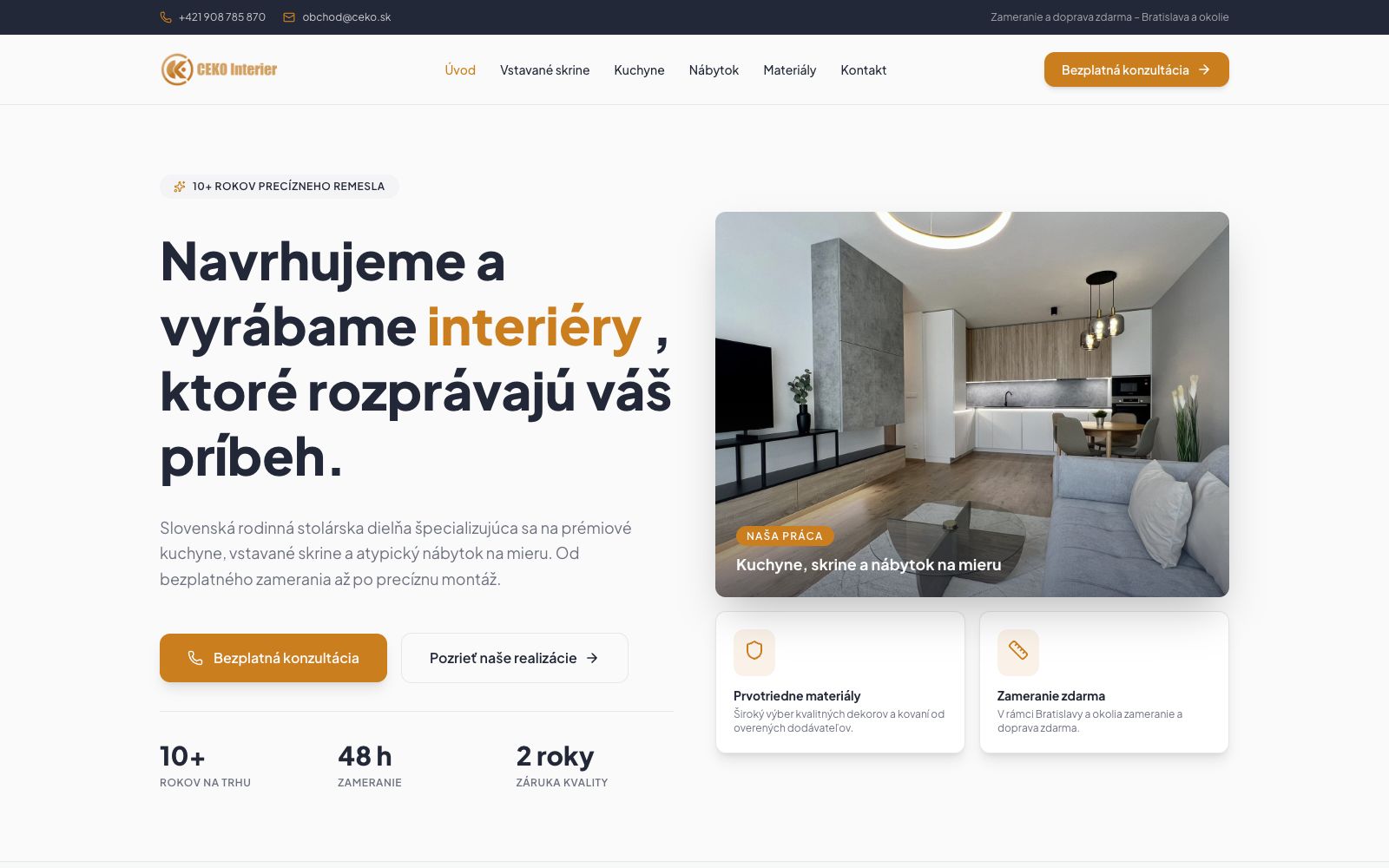 Hero sekcia webu CeKo Interier — kuchyne a nábytok na mieru
