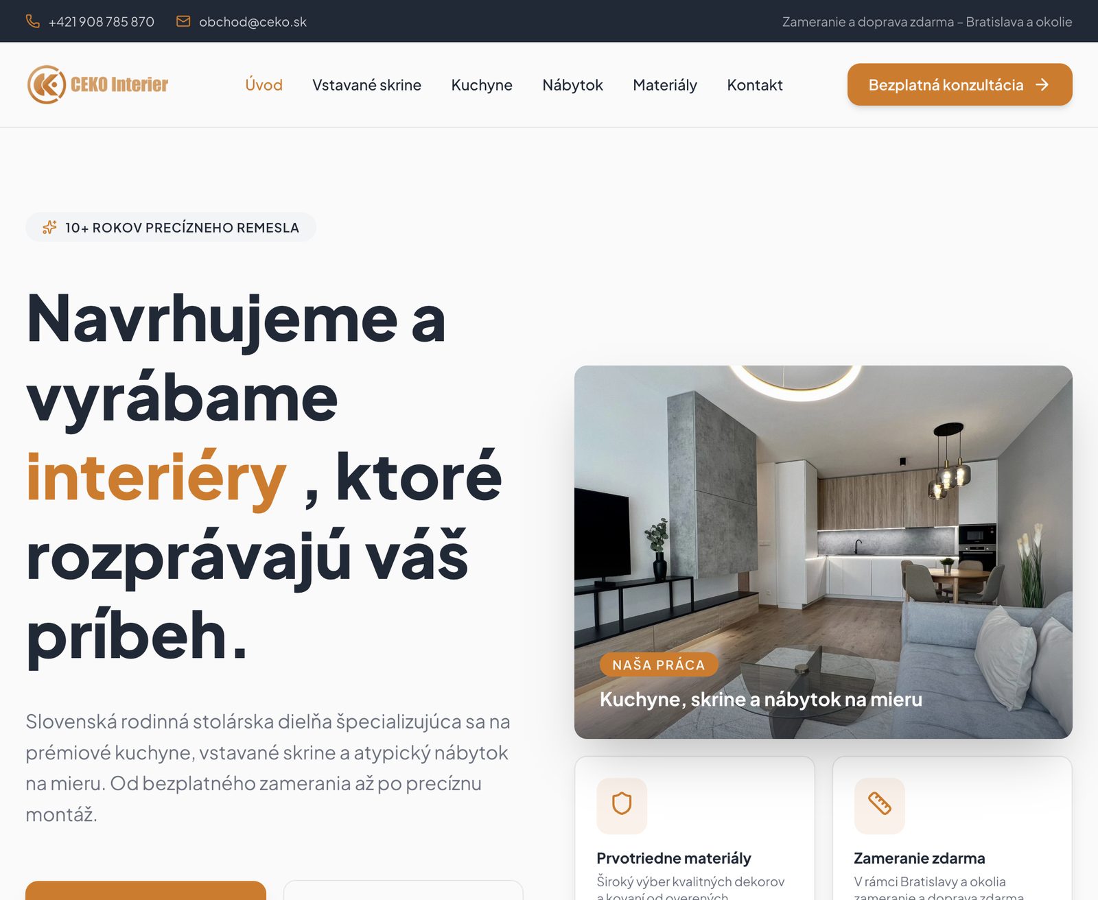Hero sekcia webu CeKo Interier — kuchyne a nábytok na mieru