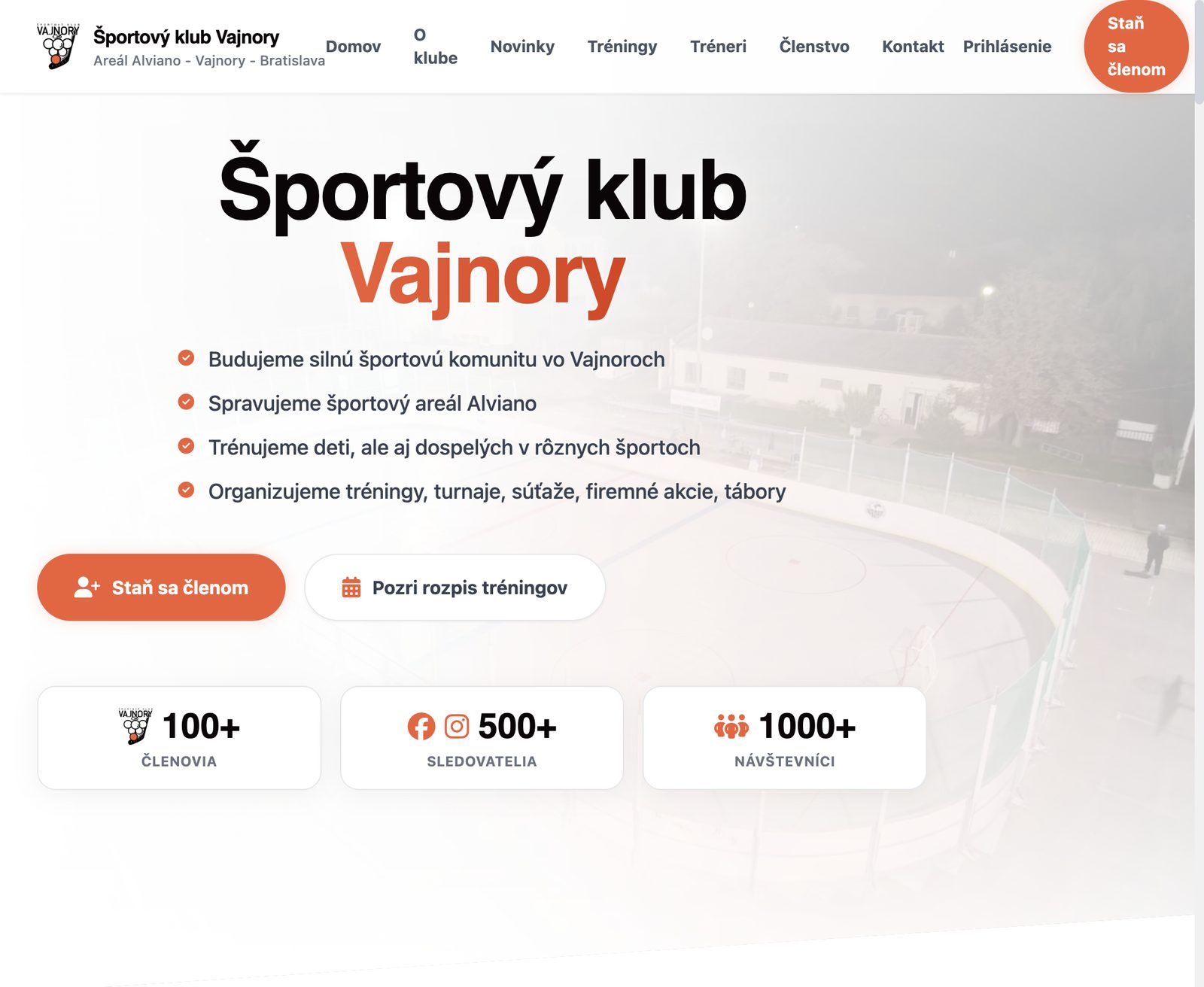Hero sekcia webu Športový klub Vajnory — hokejbal Bratislava
